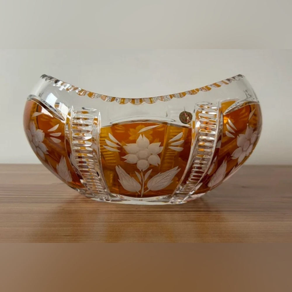 Lead cut crystal amber boat bowl 9”